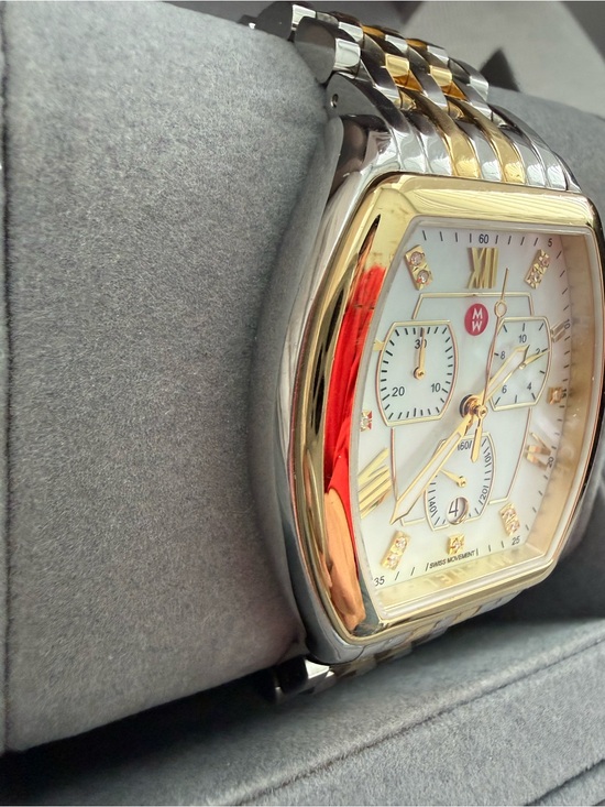 NIB Michele Releve Diamond Two Tone Bracelet Watch 45mm 0.04 ct